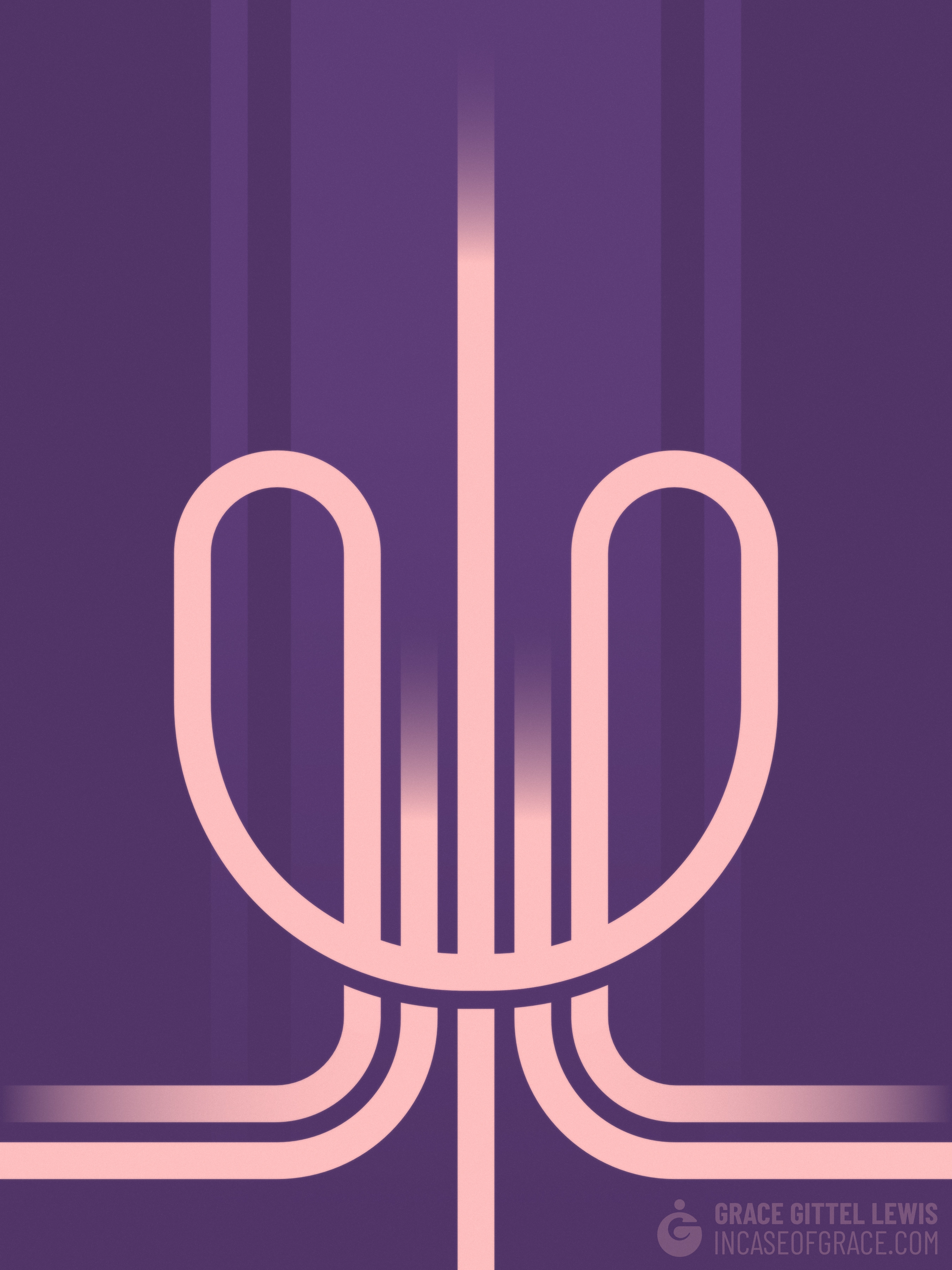 Abstract art. Warm pink lines over dark purple, twisting in geometric shapes. Some of the lines fade into nothing, at their ends.